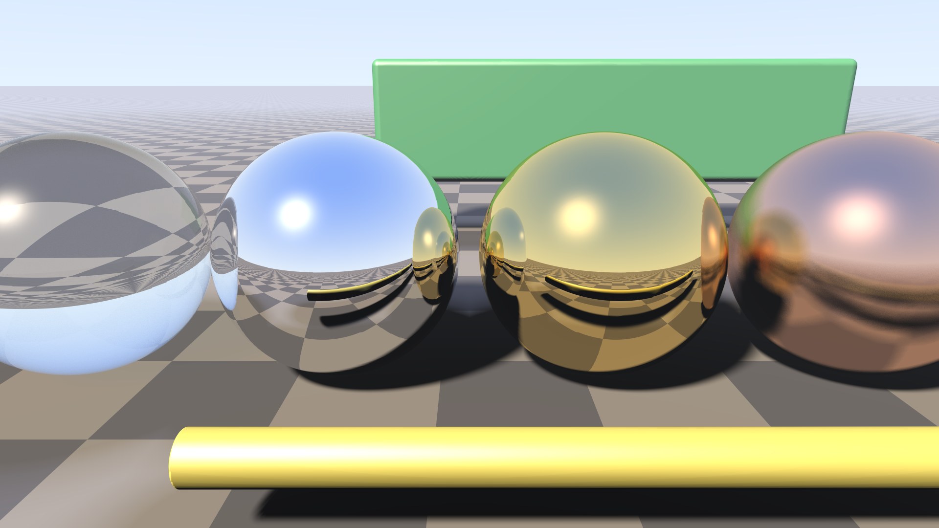 Glass, chrome, gold and copper spheres rendered in RayMarch Studio