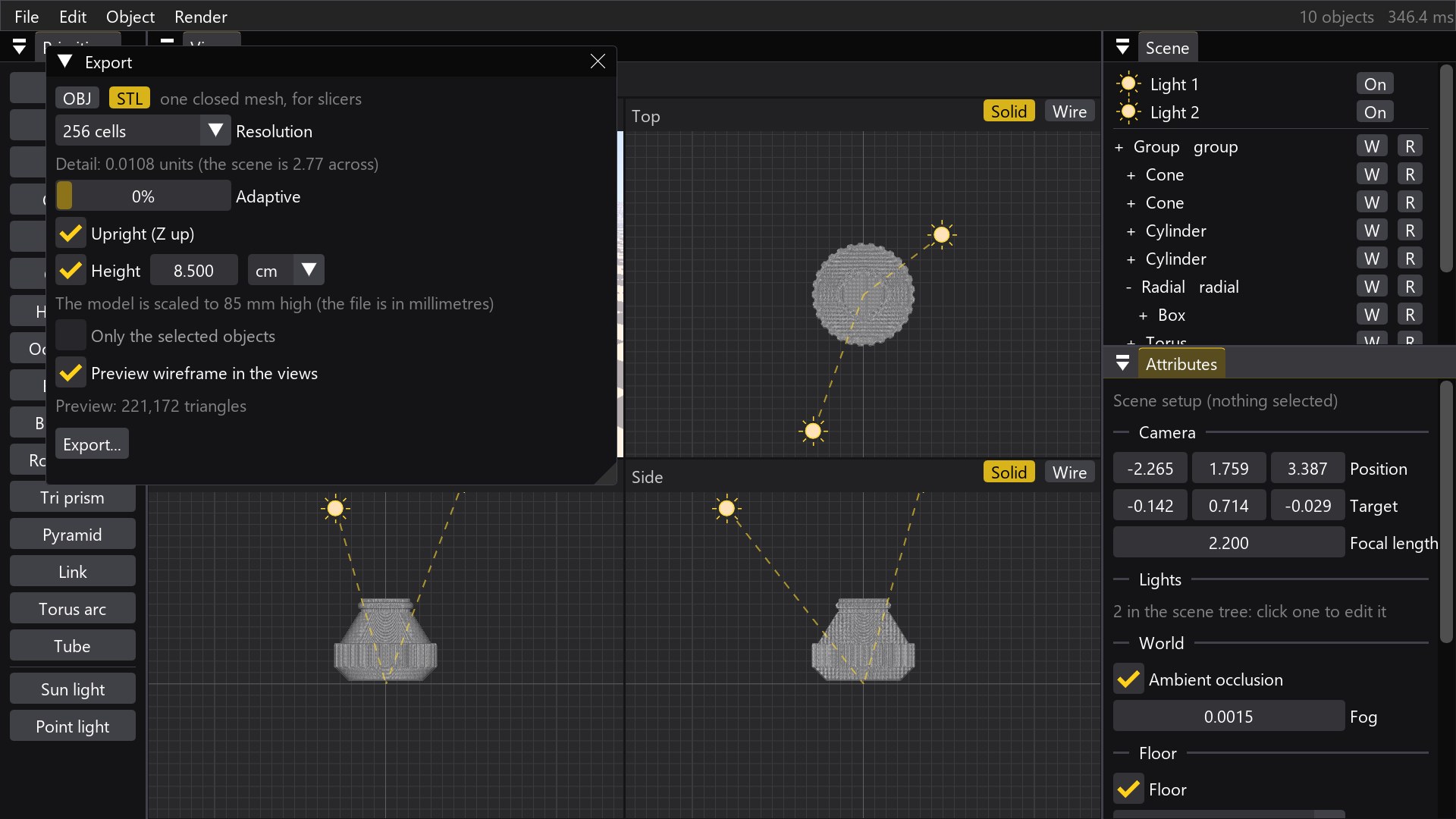 Export window with the wireframe preview