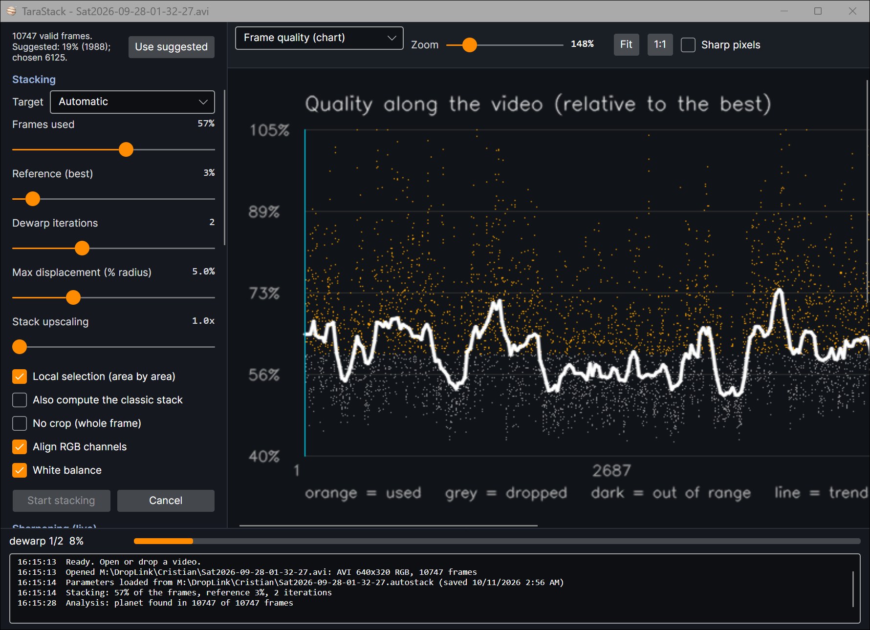 The TaraStack window with the frame quality graph
